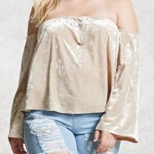 Ladies 1X Forever 21 Knit Top / Off Shoulder Long Sleeve Champagne Velour NWT